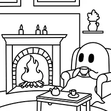 Cozy Ghost By The Fireplace Coloring Page