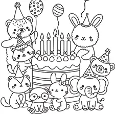 Cute Animals Around A Birthday Cake Coloring Page