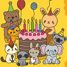 Cute Animals Around A Birthday Cake Coloring Page