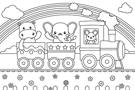 Cute Animals On A Train Coloring Page Black & White