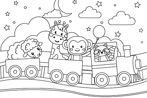 Cute Animals Journey By Train Coloring Page Black & White