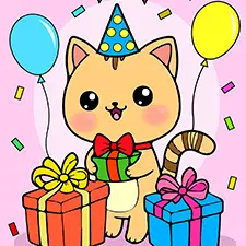 Cute Birthday Cat Colouring Page 