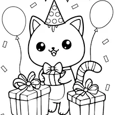 Cute Birthday Cat Coloring Page Black & White