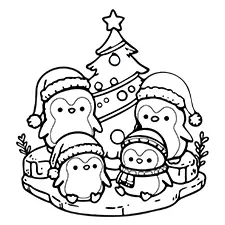 Cute Christmas Penguins Coloring Page Black & White