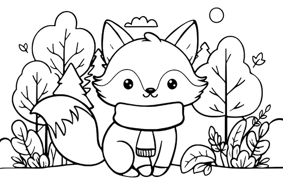 Cute Fox With Scarf Coloring Page Black & White