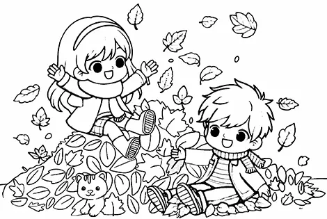 Kids Playing In A Piles Of Leaves Coloring Page Black & White