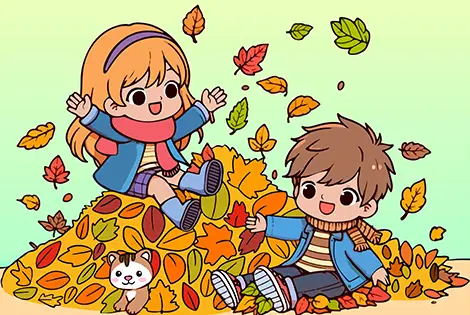 Kids Playing In A Piles Of Leaves Coloring Page