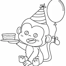 Cute Monkey With Cake Coloring Page B&W