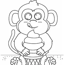 Cute Monkey Eating Icecream Coloring Page B&W