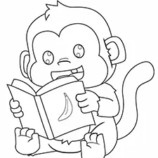 Cute Monkey Reading Book Coloring Page B&W