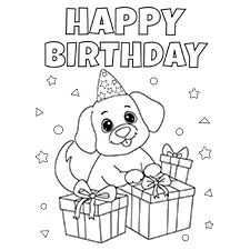 Dog With Birthday Presents Coloring Page Black & White