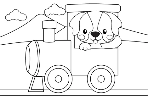 Dog On A Train Coloring Page Black & White