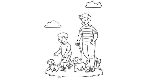 Dad And Child Dog Walking Coloring Page