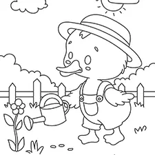 Duck Watering A Flower Coloring Page