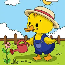 Duck Watering A Flower Coloring Page