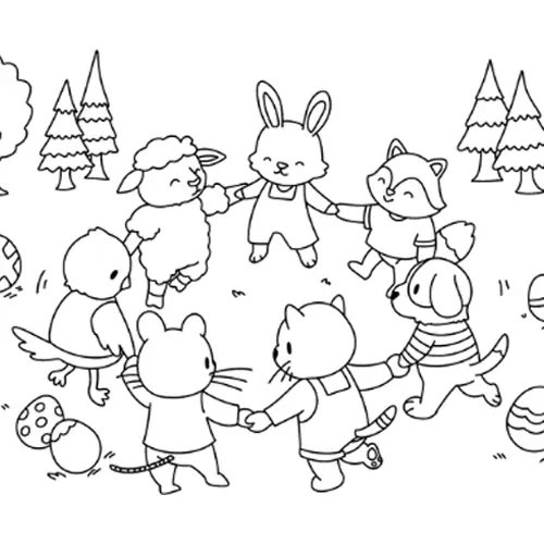 Easter Animals Dancing Coloring Page