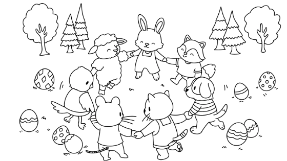 Easter Animals Dancing Coloring Page