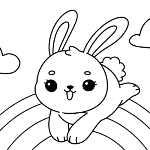 Easter Bunny Hopping Over A Rainbow Coloring Page