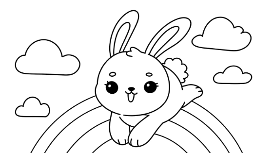 Easter Bunny Hopping Over A Rainbow Coloring Page