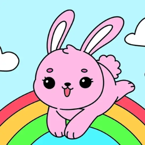 Easter Bunny Hopping Over A Rainbow Coloring Page