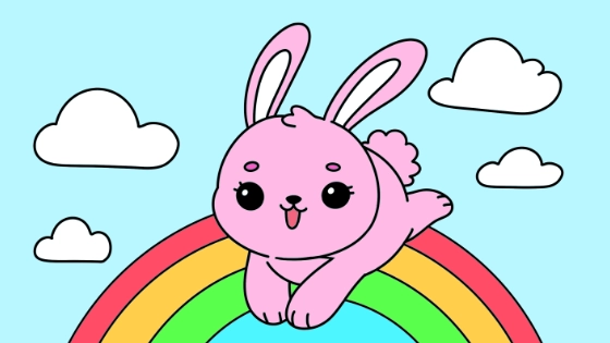 Easter Bunny Hopping Over A Rainbow Coloring Page