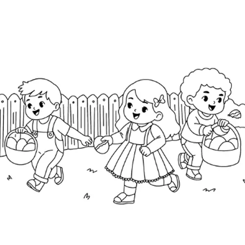 Children On An Easter Egg Hunt Coloring Page