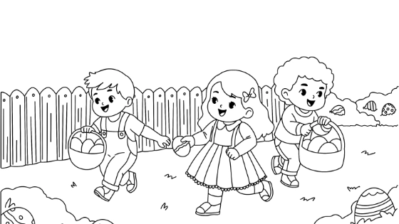 Children Playing Easter Egg Hunt Coloring Page