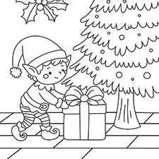 Elf Leaving A Present Under The Christmas Tree Coloring Page