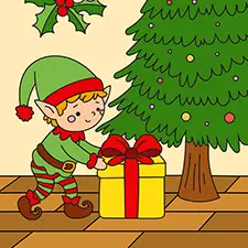 Elf Leaving A Present Under The Christmas Tree Coloring Page