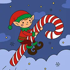 Elf Riding A Candy Cane Coloring Page