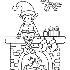 Elf Sitting On The Christmas Fireplace Coloring Page