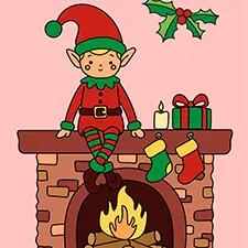 Elf Sitting On The Christmas Fireplace Coloring Page