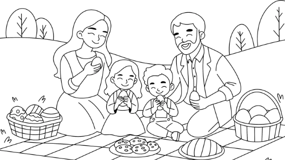 Family Easter Picnic Coloring Page