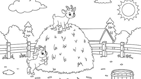 Farm Goats On Haystack Coloring Page