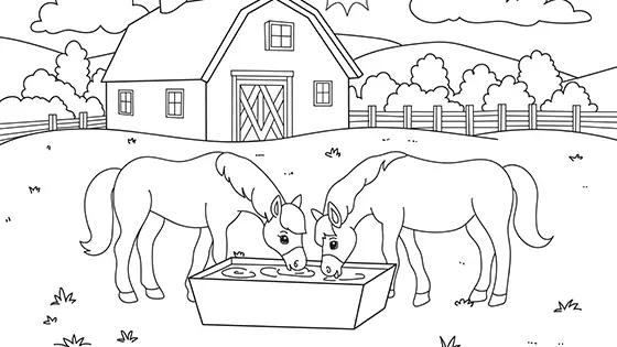 Farm Horses By The Trough Coloring Page