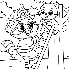 Fireman Raccoon Saving A Cat Coloring Page