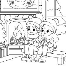 Kids By The Fireplace Coloring Page