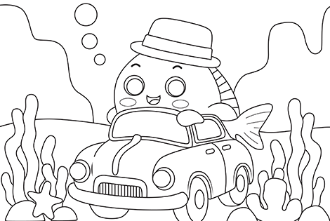 Fish Driving Under The Sea Coloring Page