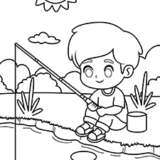 Boy Fishing At The Lake Coloring Page Black & White