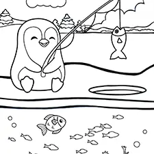 Fishing Penguin Coloring Page Black & White