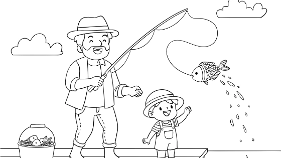 Dad And Child Fishing Coloring Page