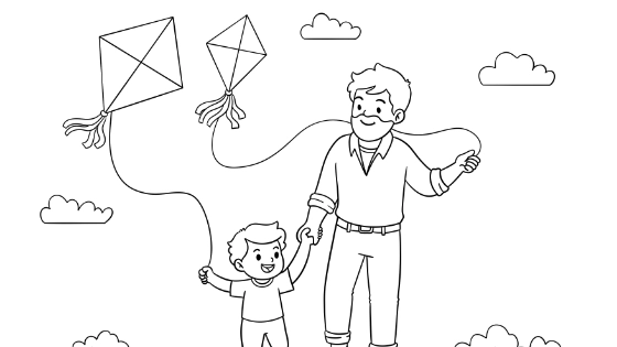 Dad And Child Flying Kites Coloring Page