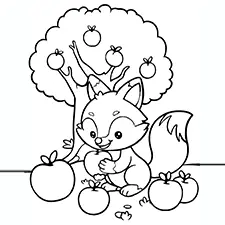 Fox & Apples Coloring Page Black & White