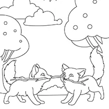 Fox Cubs Tugging A Stick Coloring Page