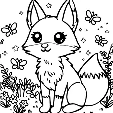 Fox & Fireflies Coloring Page Black & White