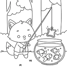 Fox Fishing On A Fish Bowl Coloring Page