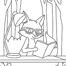 Fox Reading A Book At Night Coloring Page