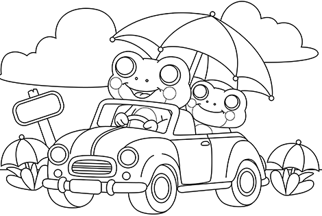 Frogs Driving In The Rain Coloring Page