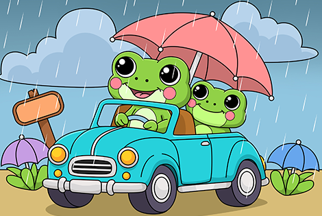 Frogs Driving In The Rain Coloring Page