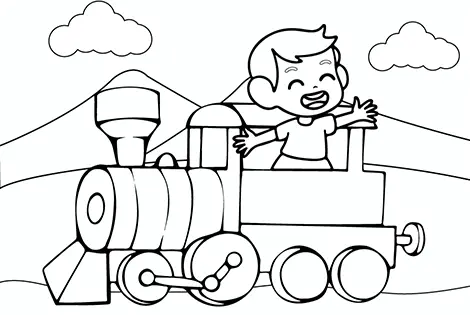 Fun Boy On A Train Coloring Page Black & White